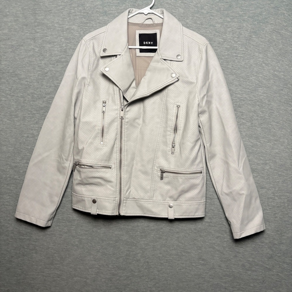 DKNY Vegan Leather Asymmetrical zip jacket Biker Y2K Moto Gray Women S